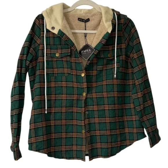 Zaful Green Plaid Hooded Flannel Jacket - Picture 1 of 4